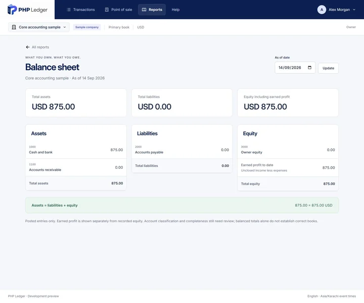 Balance sheet with assets, liabilities and equity for the sample company at a chosen date.
