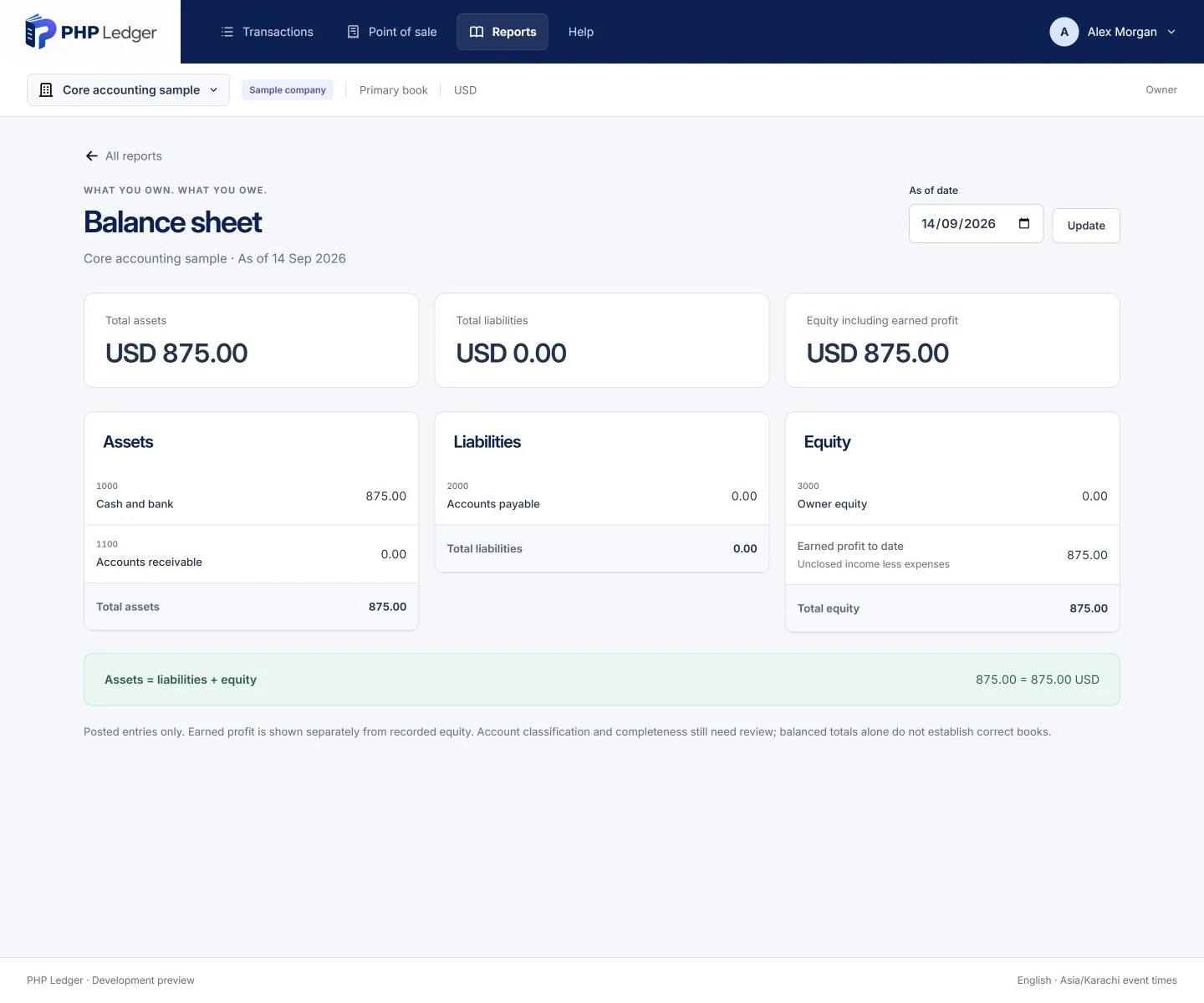 Working balance sheet for a synthetic company showing assets, liabilities, equity and a reconciliation of the totals.
