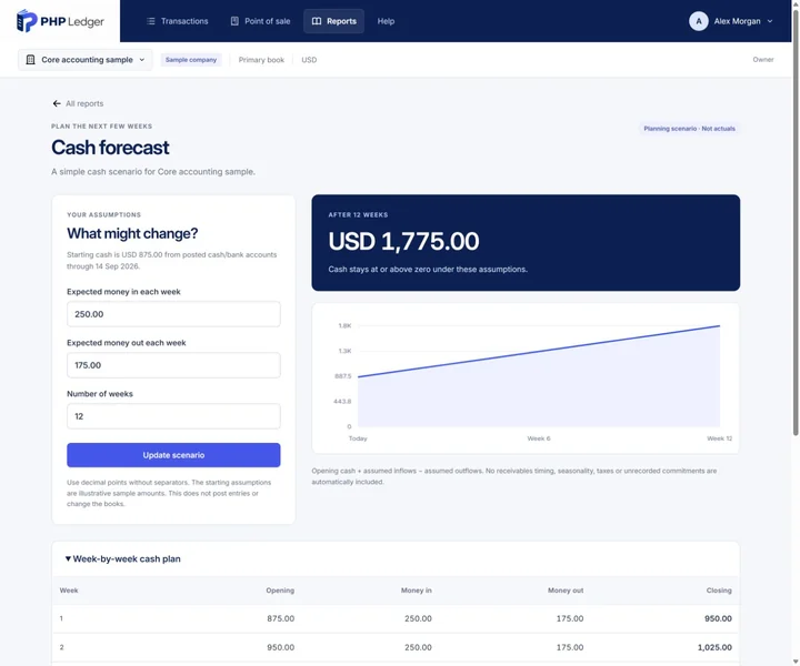 Cash scenario screen with editable weekly money in and money out and a week-by-week balance chart.