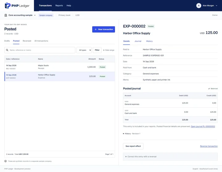 Transactions screen showing a posted expense of 125.00 to Harbor Office Supply beside its journal: general expenses debited 125.00, cash and bank credited 125.00.