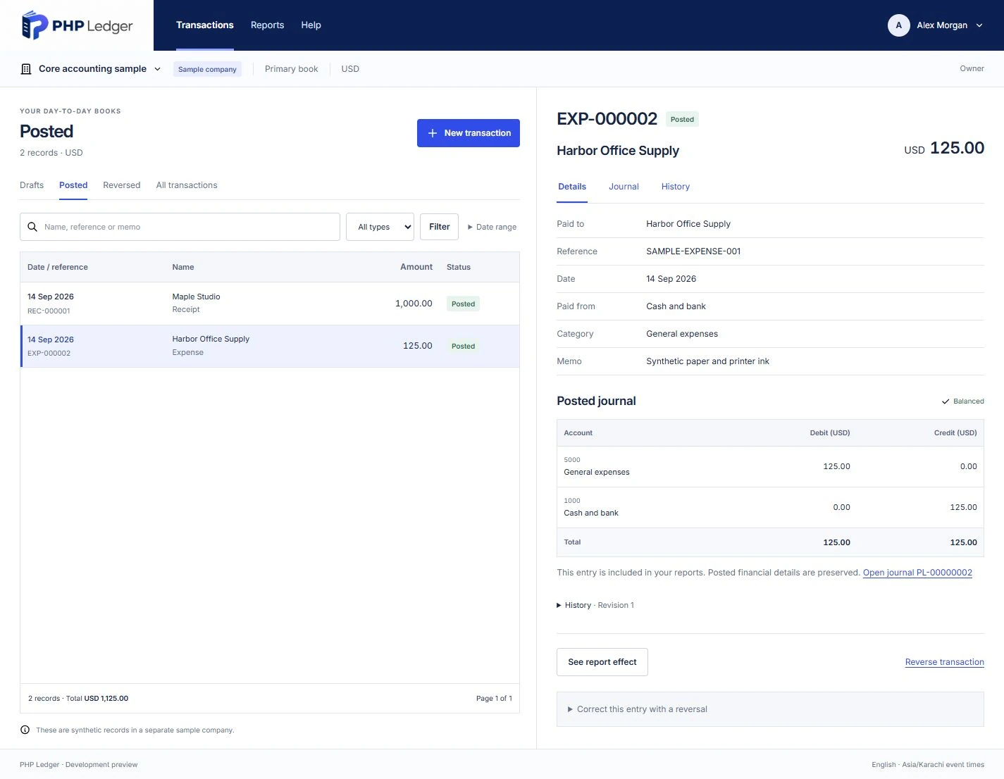 Working development application showing posted expense EXP-000002: USD 125 paid to Harbor Office Supply on 14 September 2026, linked to journal PL-00000002.