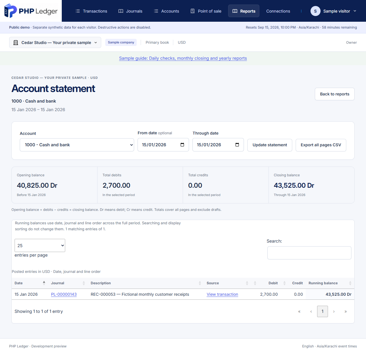 Cedar Studio account statement for 15 January 2026: opening 40,825, debit receipt 2,700 and closing 43,525, with a View transaction source link.