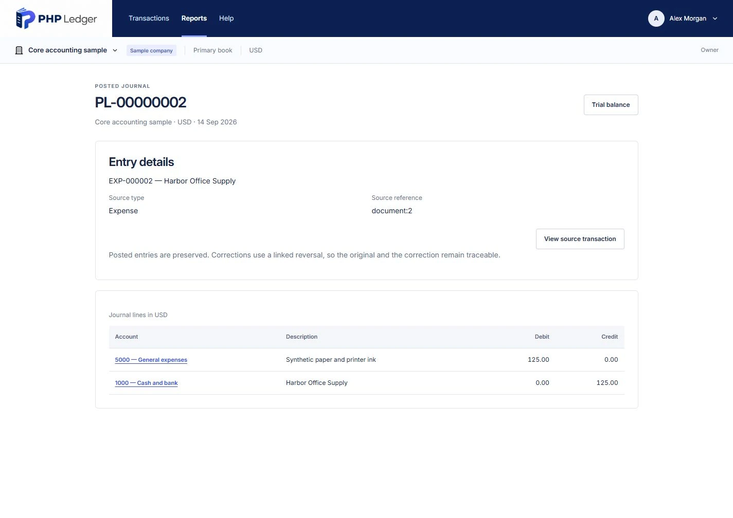 Working journal PL-00000002 shows a USD 125 General expenses debit and Cash and bank credit, with the source EXP-000002 and equal totals.