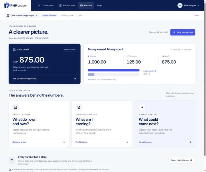 Owner overview with cash, income, expenses and profit for the sample company.