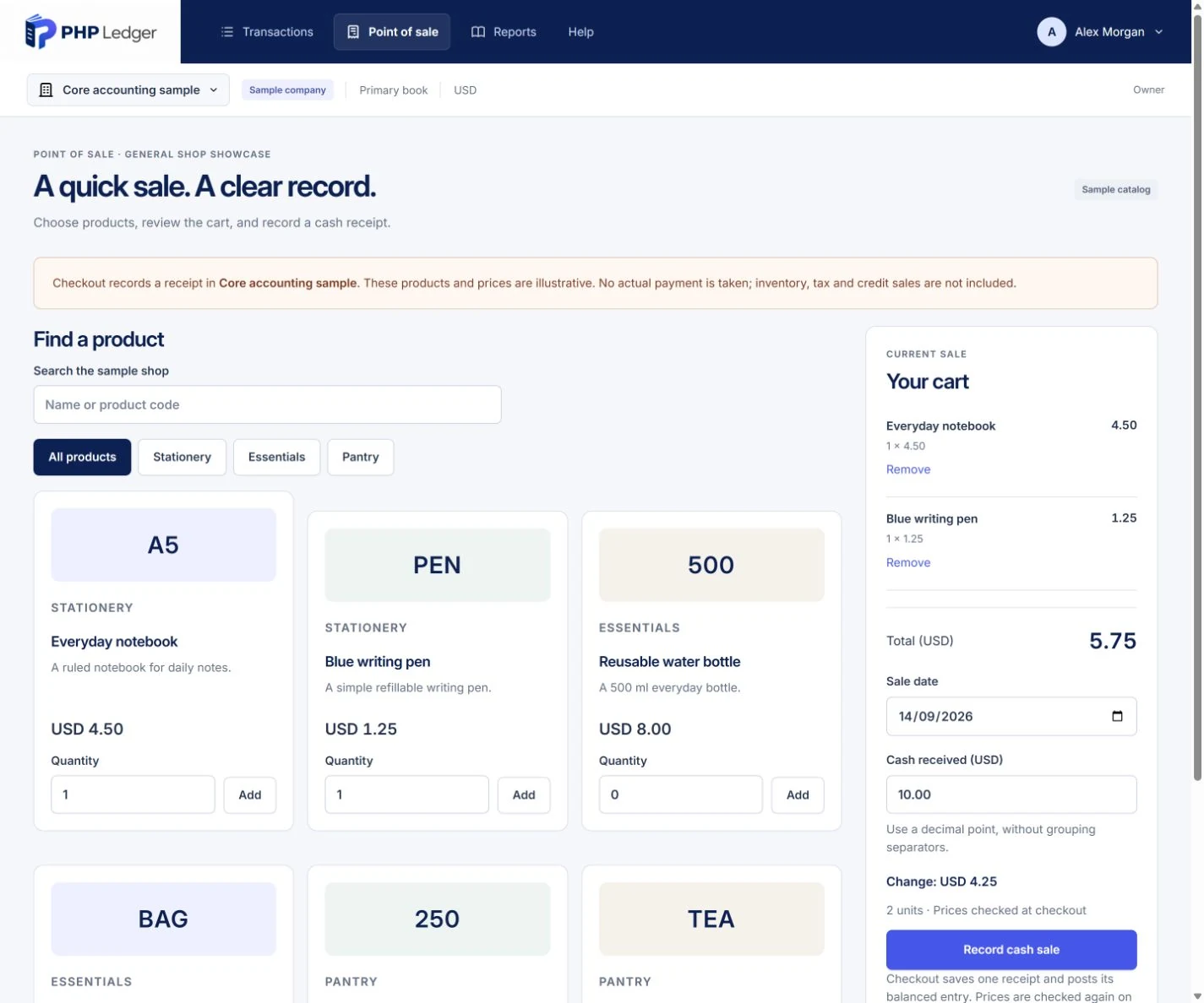Working PHP Ledger point of sale with a synthetic product catalog and a cash-sale basket.