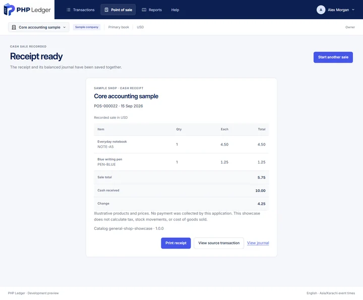 A printable receipt for a fictional sale with recorded items, total, tender and change.
