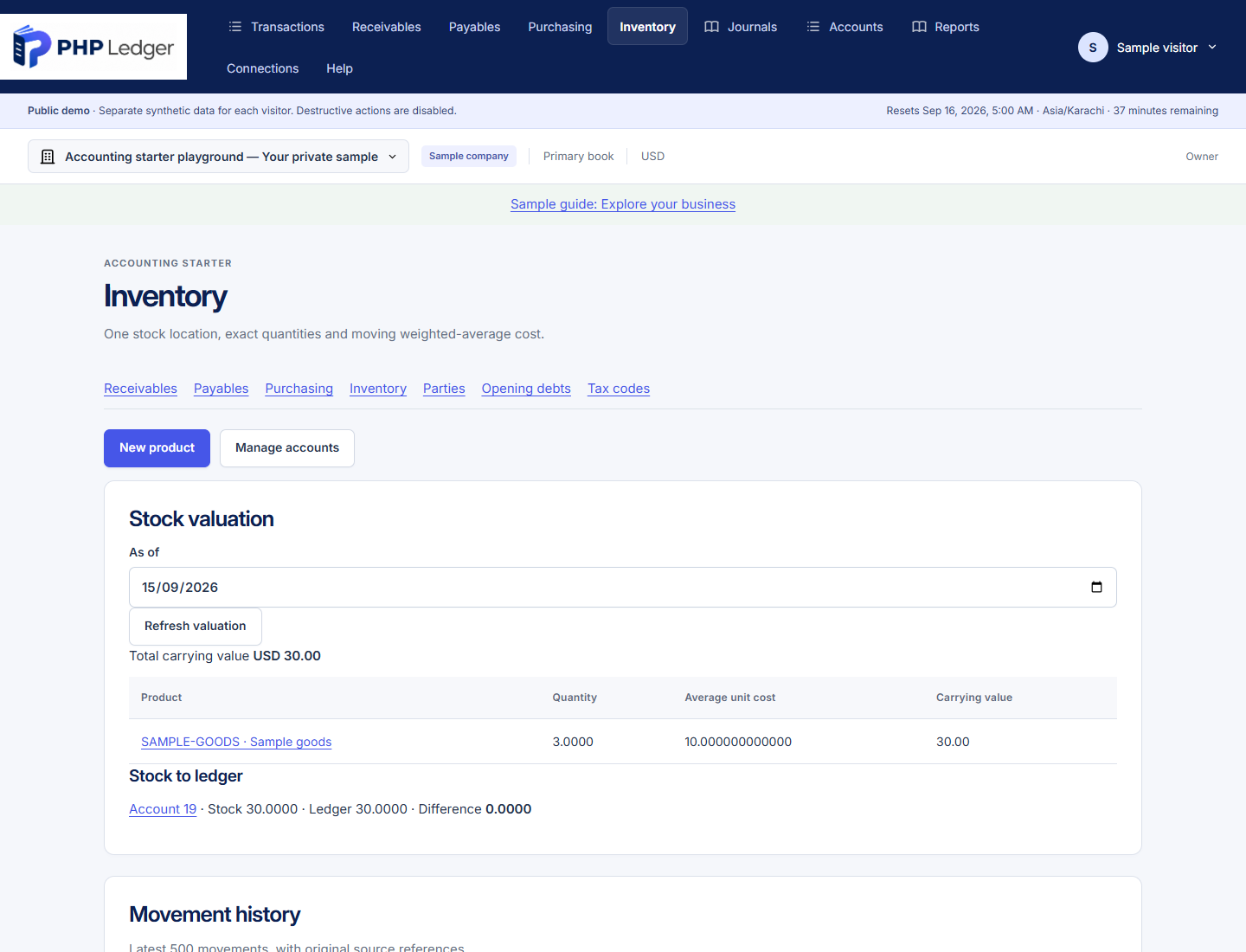 PHP Ledger Inventory shows three sample goods, USD 30.00 carrying value and zero stock-to-ledger difference.