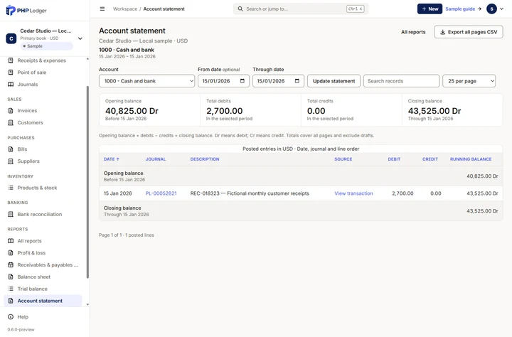 Cedar Studio: the 15 January 2026 statement moves from USD 40,825.00 to USD 43,525.00 through a USD 2,700.00 receipt.