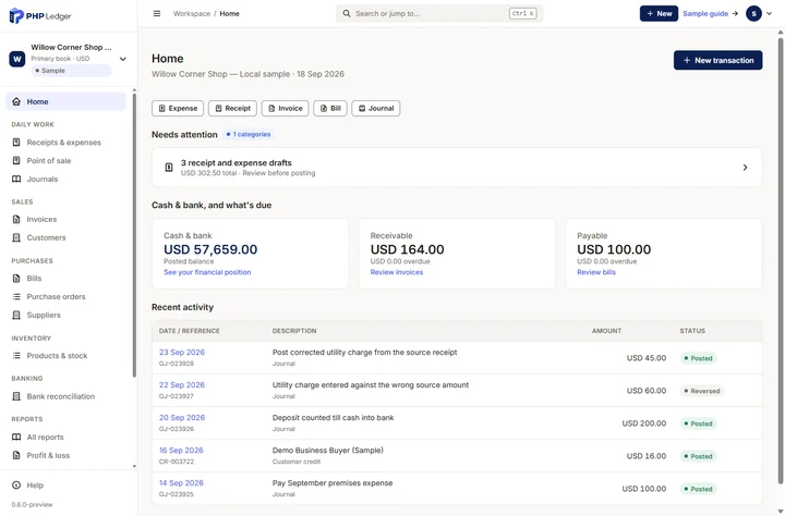 Home brings quick actions, overdue work, cash, receivables and payables into one workspace.