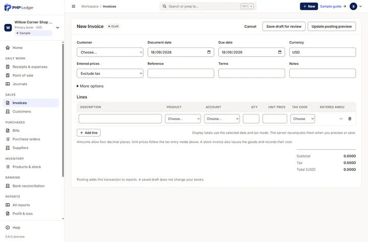 The invoice editor starts with one line, a visible price mode and separate draft and posting-preview actions.