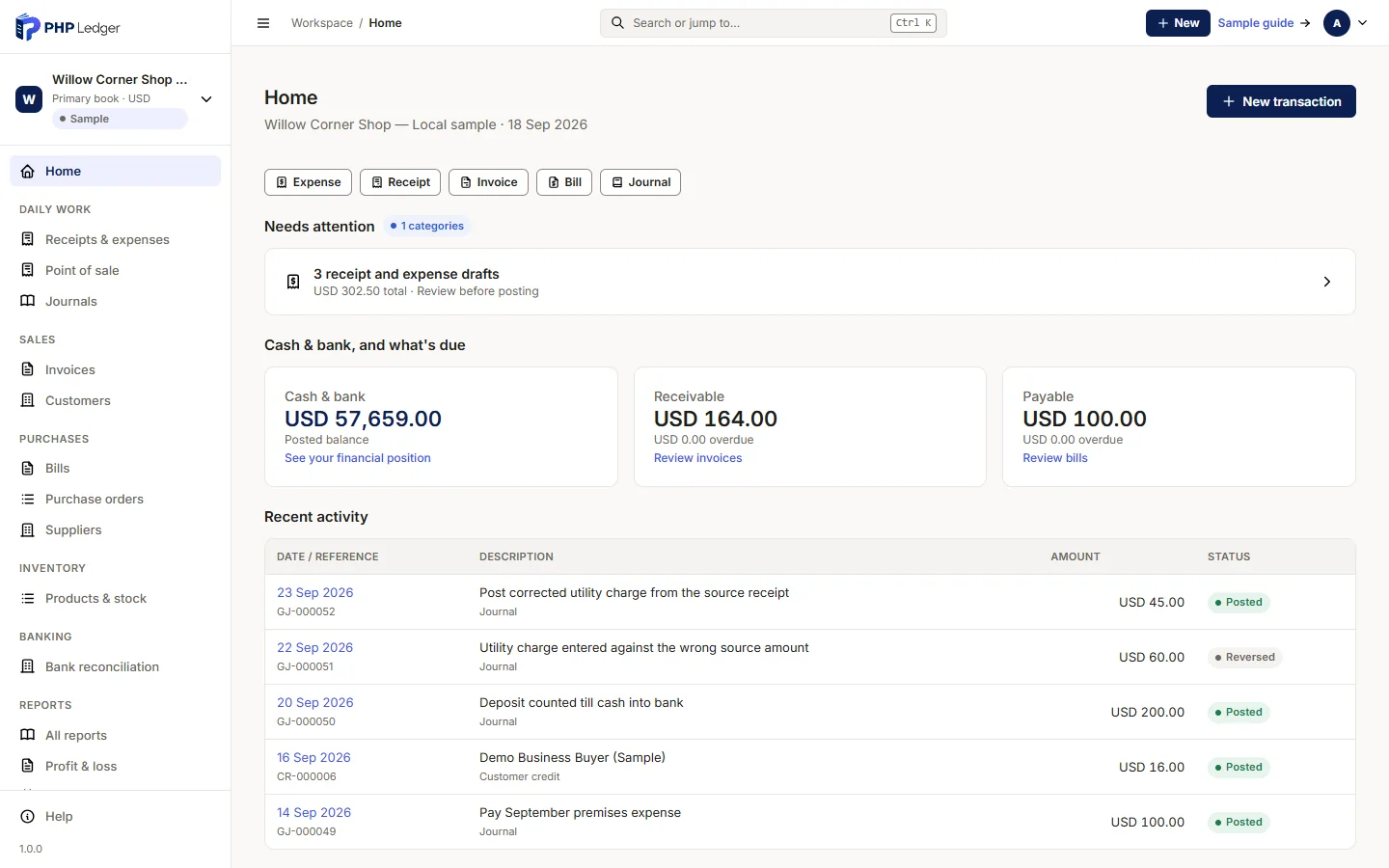 Home screen of the sample business showing three receipt and expense drafts of USD 302.50, cash and bank of USD 57,659.00, receivable of USD 164.00, payable of USD 100.00 and recent activity.
