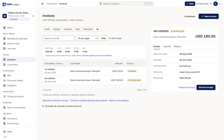 Invoices screen showing USD 164.00 outstanding, no overdue amount, one customer credit for USD 16.00 and one partly paid invoice for USD 180.00.