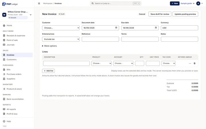 New invoice editor with customer, dates, entered-price mode and one-line invoice entry fields.