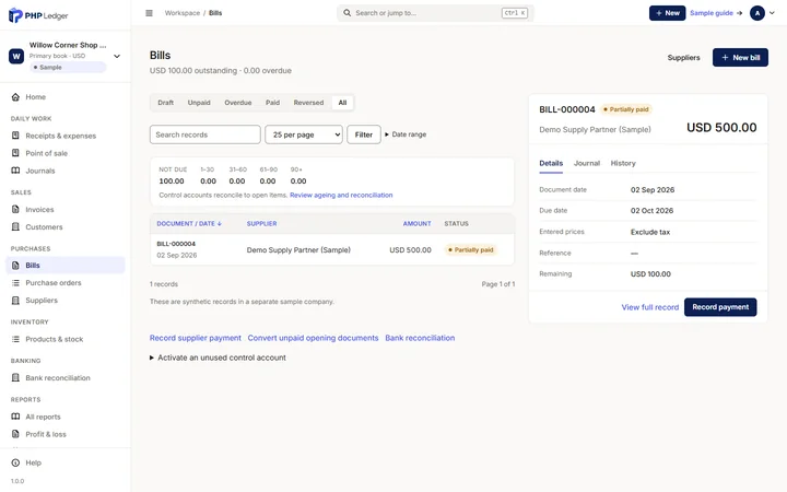 Bills register showing one partly paid USD 500.00 bill with USD 100.00 remaining.