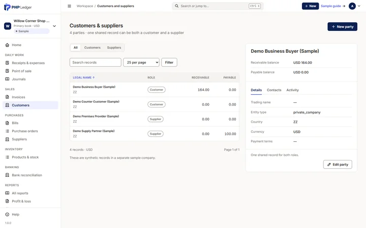 Customers and suppliers register showing four parties with separate receivable and payable balances.