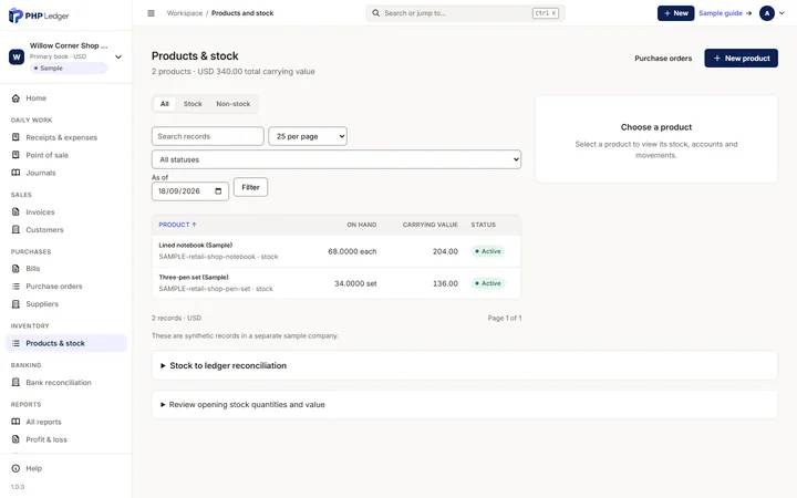 Products and stock screen showing two active stock products with a total carrying value of USD 340.00.