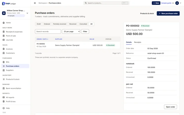 Purchase orders register showing a received USD 500.00 order with ordered and received quantities.