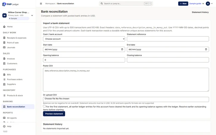 Bank reconciliation screen with the statement import fields, opening and closing balance inputs and the statement history.