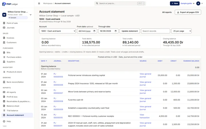 Account statement for account 1000, Cash and bank, showing opening balance 0.00, total debits 138,575.00, total credits 89,140.00 and closing balance 49,435.00 Dr, with posted entries listed by date and journal.