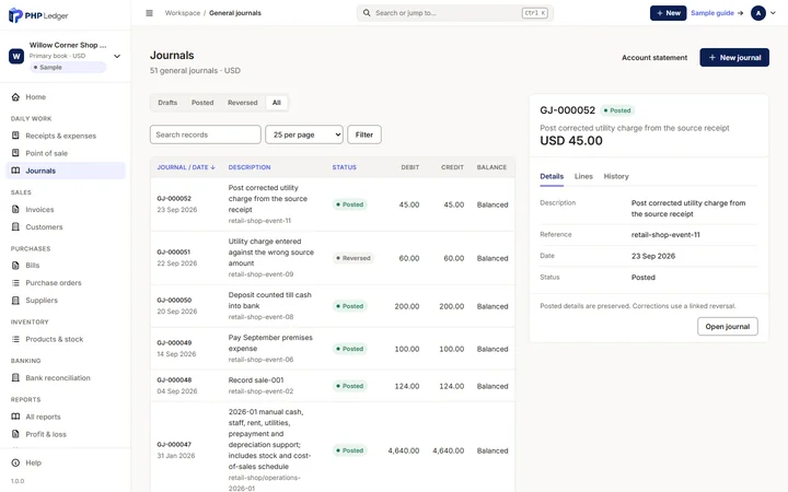 General journals register showing posted and reversed entries with equal debit and credit amounts.