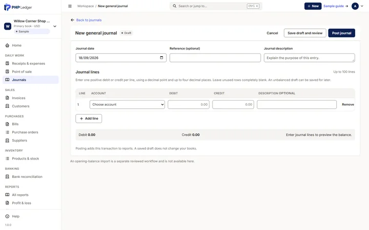 New general journal editor with debit and credit columns, a journal description and a balance preview.