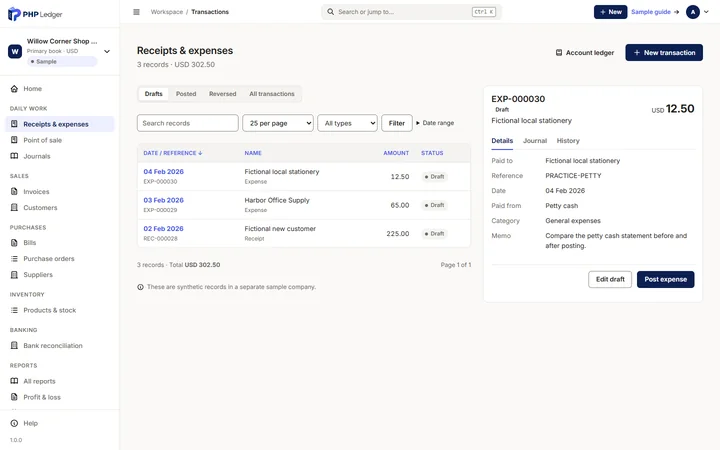 Receipts and expenses register showing three drafts totalling USD 302.50 and an expense detail for USD 12.50.