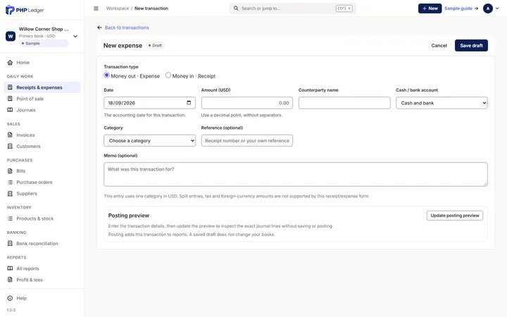 New expense editor with fields for date, amount, counterparty, cash or bank account, category and a posting preview.