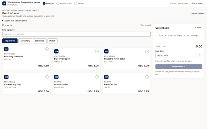 Point of sale screen showing six sample products, an empty current sale and a review sale button.