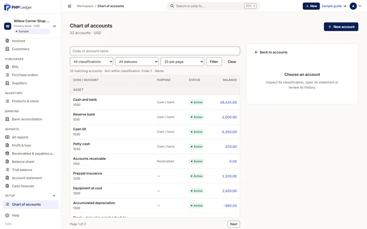 Chart of accounts listing 32 accounts in USD, including Cash and bank 1000, Reserve bank 1010, Cash till 1020 and Petty cash 1030, each with purpose, status and balance.