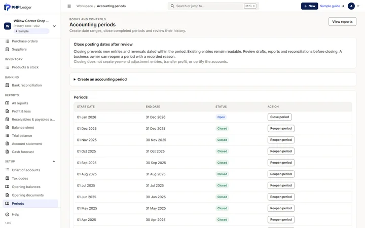 Accounting periods screen listing a 2026 period marked open and earlier 2025 periods marked closed with reopen actions.