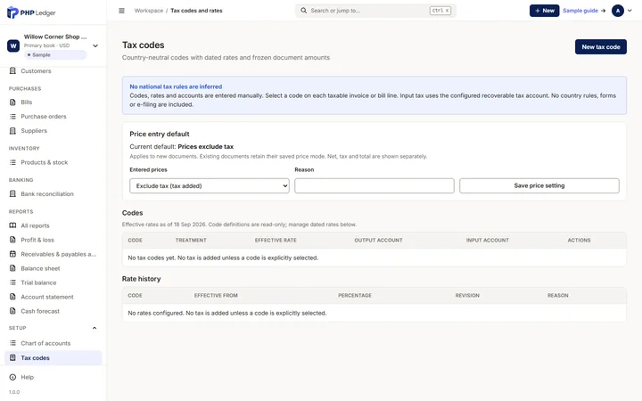 Tax codes screen showing the price entry default set to exclude tax, a note that no national tax rules are inferred, and empty code and rate history tables.