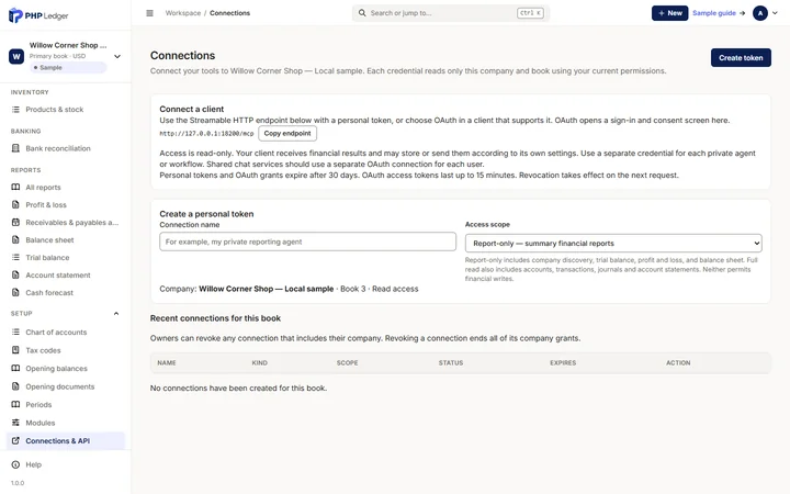 Connections and API screen showing a streamable HTTP endpoint, a report-only personal token form scoped to summary financial reports and an empty recent connections table.
