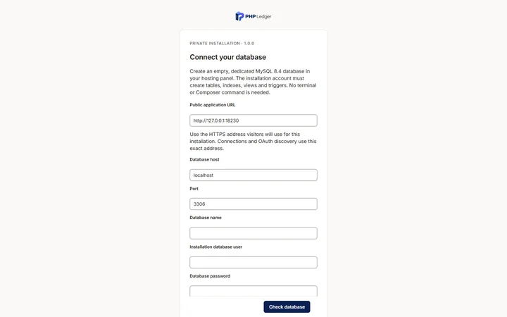 Browser installer Connect your database screen with public URL and database connection fields, on a disposable unconfigured instance.