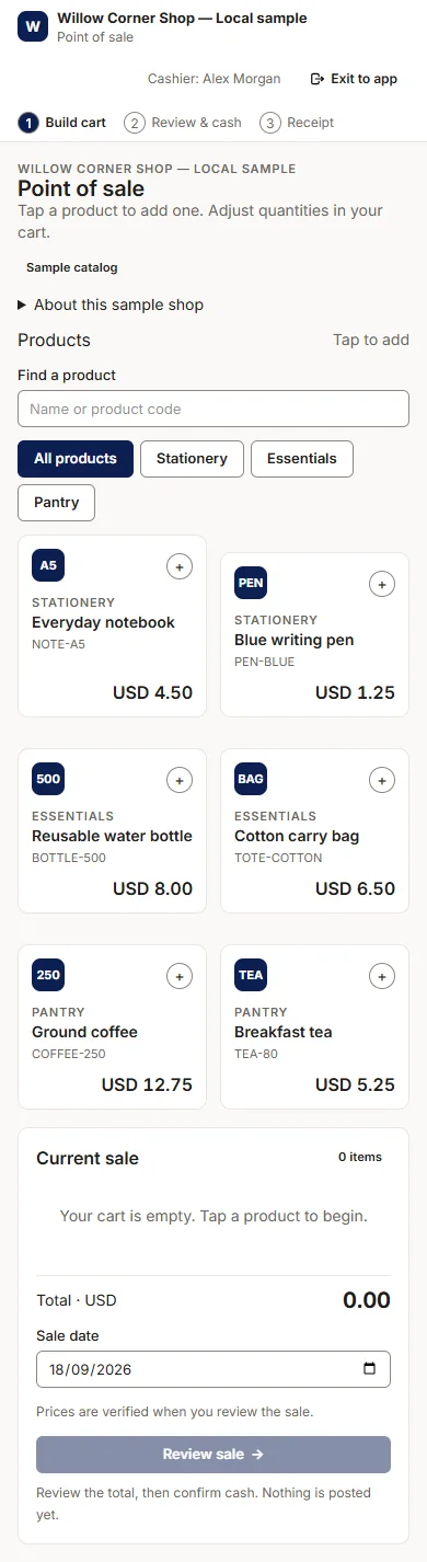 The same point of sale screen on a phone, with the product grid in two columns and the empty current sale panel showing a total of USD 0.00 below the products.